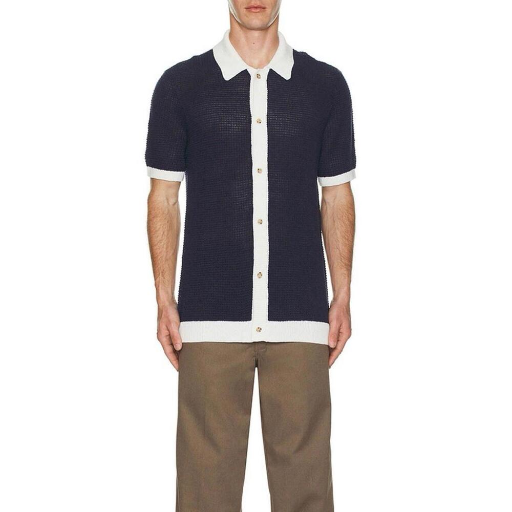 Onia Men’s Linen Short Sleeve Button Up Sweater In Black White M